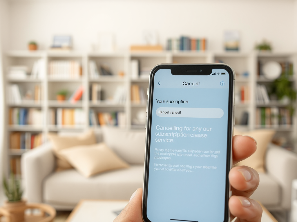 На экране телефона отображается уведомление о подписке с кнопкой отмены. Фон — уютная комната с книгами.